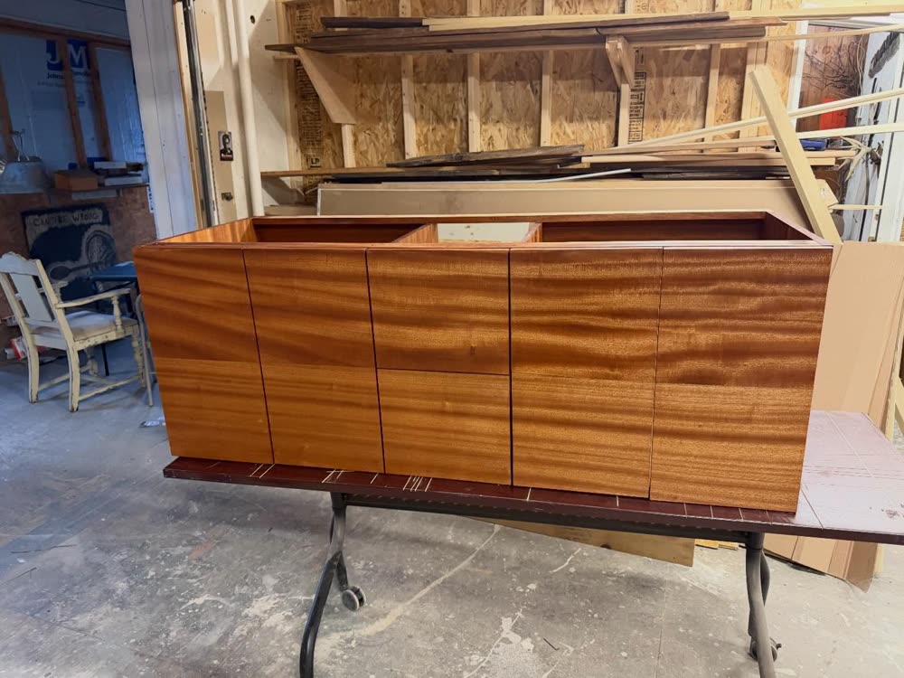 Floating double-sink vanity in sapele