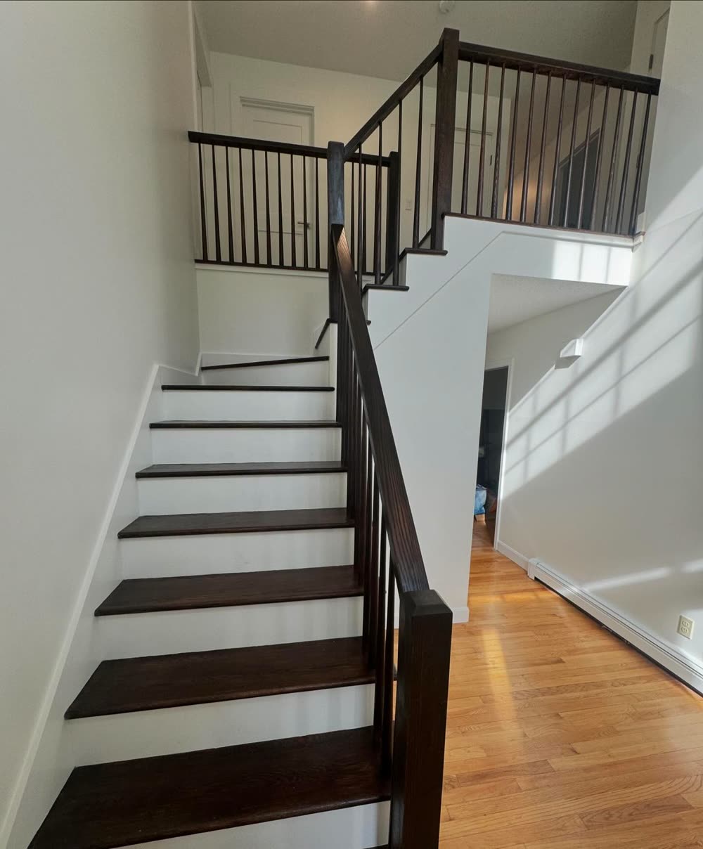 Entry stair with white risers and dark treads