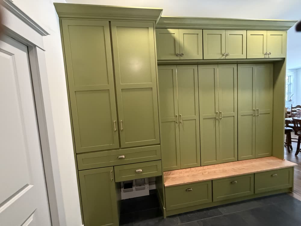 Painted cabinet wall with bench