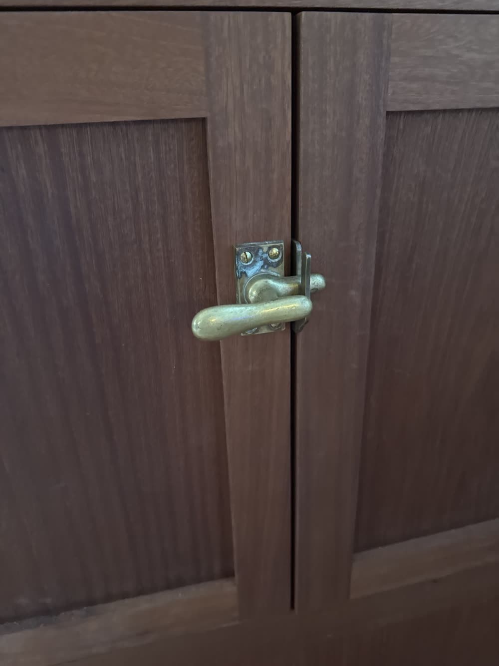Brass latch on a dark wood door
