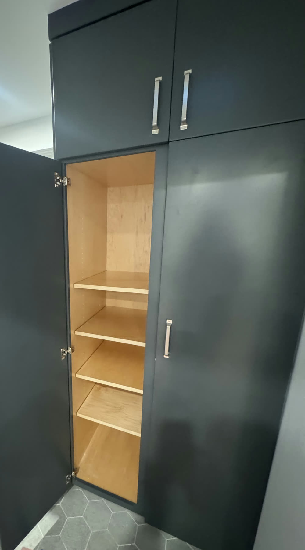 Tall pantry cabinet, open